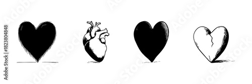 Heart Symbol And Anatomical Heart Doodle Sketch Set. Love, Emotion, And Human Anatomy In Hand Drawn Style Collection. Artistic Representation Of Heart Concepts. Isolated Vector Illustration