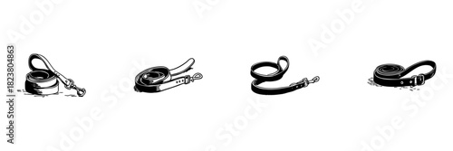 Dog Leash Doodle Sketch Set. Pet Walking, Training, And Control Accessories In Hand Drawn Style Collection. Canine Care Essentials. Isolated Vector Illustration