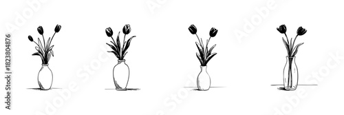 Vase With Tulips Doodle Sketch Set. Floral Arrangement And Home Decor Inspiration In Hand Drawn Style Collection. Elegant Botanical Art. Hand Drawn Isolated Vector Illustration