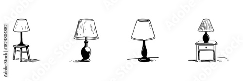 Table Lamps Doodle Sketch Set. Home Lighting And Interior Decor Elements In Hand Drawn Style Collection. Variety Of Lamp Designs For Cozy Ambiance. Isolated Vector Illustration