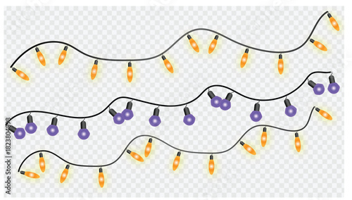 Halloween string lights orange and purple bulbs on transparent background