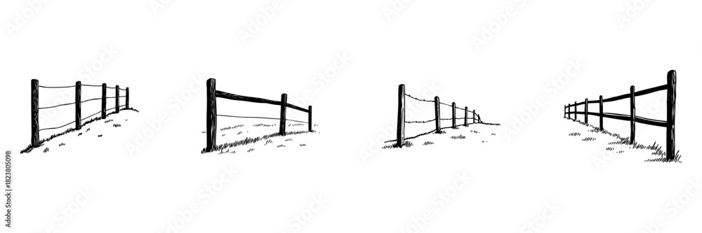 Fototapeta premium Wooden Fence Doodle Sketch Set. Rural Boundary And Pasture Enclosure In Hand Drawn Style Collection. Rustic Countryside And Farm Landscape. Hand Drawn Isolated Vector Illustration