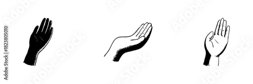 Three Hand Gestures Doodle Sketch Set. Communication, Expression, And Sign Language In Hand Drawn Style Collection. Open Palm, Raised Hand, And Offering Gesture. Isolated Vector Illustration