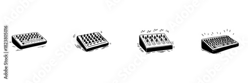 Audio Mixer Console Doodle Sketch Set. Sound Mixing, Music Production, And Audio Engineering In Hand Drawn Style Collection. Studio Equipment Illustration. Isolated Vector Illustration