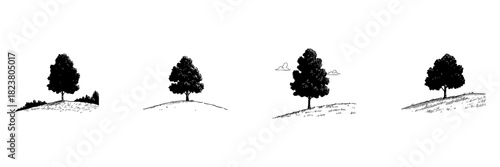 Tree On Hill Doodle Sketch Set. Nature And Tranquility In Hand Drawn Style Collection. Scenic Landscape With Trees And Clouds. Isolated Vector Illustration