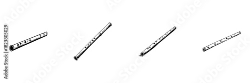Flute Doodle Sketch Set. Traditional Musical Instrument Collection In Hand Drawn Style. Woodwind Instrument Illustrations For Music Enthusiasts And Educators. Isolated Vector Illustration