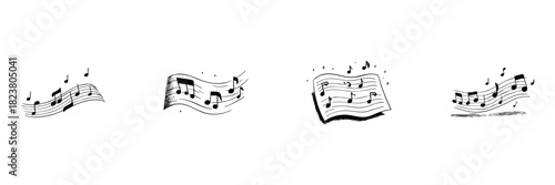 Musical Notes And Sheet Music Doodle Sketch Set. Melody And Harmony Representation In Hand Drawn Style Collection. Artistic Music Composition Elements. Isolated Vector Illustration