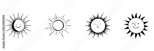 Smiling Sun Faces Doodle Sketch Set. Cheerful Sun Illustrations Representing Happiness And Positivity In Hand Drawn Style Collection. Whimsical And Playful Design. Isolated Vector Illustration