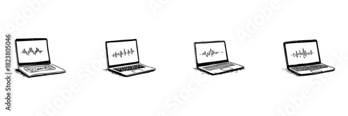 Laptops With Sound Waves Doodle Sketch Set. Audio Editing, Sound Design, And Music Production In Hand Drawn Style Collection. Digital Audio Workstation Concept. Hand Drawn Isolated Vector Illustration