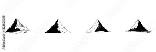 Mountain Peaks Doodle Sketch Set. Nature And Adventure Exploration In Hand Drawn Style Collection. Scenic Landscape And Outdoor Travel Theme. Isolated Vector Illustration