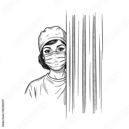 Hand-drawn sketch portrait of a serious female medical professional wearing a face mask peering cautiously from behind vertical privacy screen.