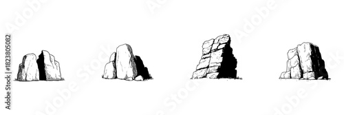 Rock Formation Doodle Sketch Set. Natural Stone Structures And Geological Features In Hand Drawn Style Collection. Landscape Elements For Design. Isolated Vector Illustration