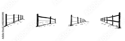 Wooden Fence Doodle Sketch Set. Rural Boundary And Pasture Enclosure In Hand Drawn Style Collection. Rustic Countryside And Farm Landscape. Hand Drawn Isolated Vector Illustration