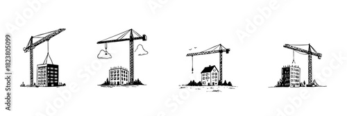 Construction Cranes And Buildings Doodle Sketch Set. Urban Development And Architecture In Hand Drawn Style Collection. Infrastructure And City Planning. Isolated Vector Illustration