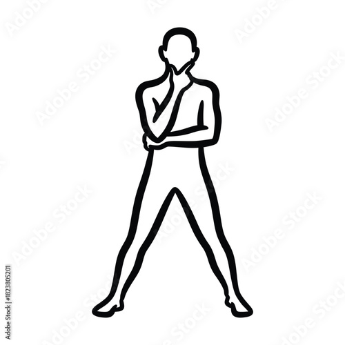 Minimalist line art figure posing thoughtfully with chin resting on hand, isolated on white background, symbolizing contemplation
