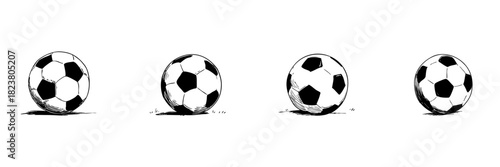 Soccer Ball Doodle Sketch Set. Football Sports Equipment In Hand Drawn Style Collection. Classic Black And White Pattern. Isolated Vector Illustration