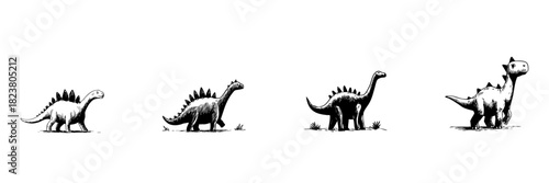 Stegosaurus Dinosaur Evolution Doodle Sketch Set. Prehistoric Creature Growth Stages In Hand Drawn Style Collection. Educational And Paleontology Illustration. Isolated Vector Illustration