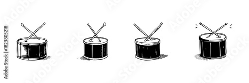 Drum With Drumsticks Doodle Sketch Set. Percussion Instrument And Music Rhythm In Hand Drawn Style Collection. Musical Performance And Sound Illustration. Isolated Vector Illustration