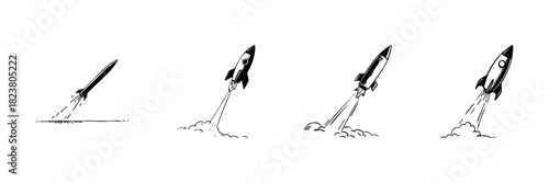 Rocket Launch Sequence Doodle Sketch Set. Space Exploration And Innovation In Hand Drawn Style Collection. Progression Of Rocket Taking Off. Isolated Vector Illustration