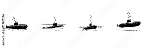 Submarine Doodle Sketch Set. Nautical Exploration And Underwater Navigation In Hand Drawn Style Collection. Marine Technology And Oceanic Adventure. Isolated Vector Illustration