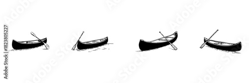 Canoe And Paddle Doodle Sketch Set. Outdoor Adventure And Water Exploration In Hand Drawn Style Collection. Nautical And Recreational Boating. Hand Drawn Isolated Vector Illustration