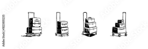 Luggage Trolley Doodle Sketch Set. Travel And Transportation Essentials In Hand Drawn Style Collection. Suitcases And Baggage Handling. Isolated Vector Illustration