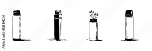 Thermos Bottle Doodle Sketch Set. Eco-Friendly Beverage Containers And Sustainable Lifestyle In Hand Drawn Style Collection. Reusable And Portable Drinkware. Hand Drawn Isolated Vector Illustration