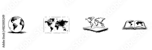 Globe, World Map, Atlas Doodle Sketch Set. Global Geography, Cartography, Educational Tools In Hand Drawn Style Collection. Earth Representation And Learning Resources. Isolated Vector Illustration