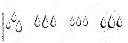 Raindrop Doodle Sketch Set. Weather, Water, And Nature Symbolism In Hand Drawn Style Collection. Artistic Representation Of Rainfall. Isolated Vector Illustration
