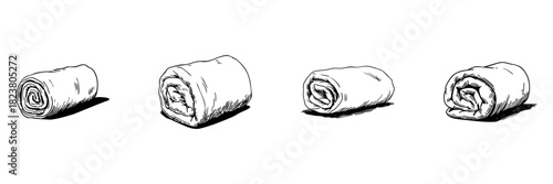 Rolled Towels Doodle Sketch Set. Spa Relaxation, Hygiene, And Home Comfort In Hand Drawn Style Collection. Bathroom Essentials And Wellness. Hand Drawn Isolated Vector Illustration