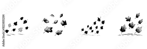 Falling Leaves In Wind Doodle Sketch Set. Autumn Breeze And Seasonal Change In Hand Drawn Style Collection. Nature And Weather Illustration. Isolated Vector Illustration