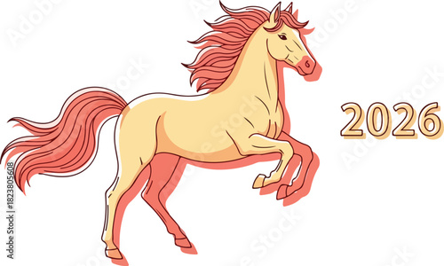 Horse with flowing mane rearing near 2026 drawn with light colors and thick lines