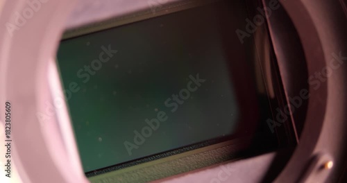 Large Camera Matrix Sensor Close Up With Subtle Dust Layer Gold-Plated Lens Mount Contacts Mechanical Shutter Sound Digital Image Recording Technology Professional Photography Gear Optical Engineering