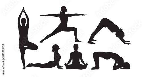 Yoga Pose Silhouette Set Meditation Exercise Tree Warrior Downward Dog Bridge