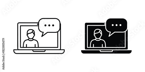 Video call icon with person on laptop screen and speech bubble showing ellipsis, representing communication and online interaction