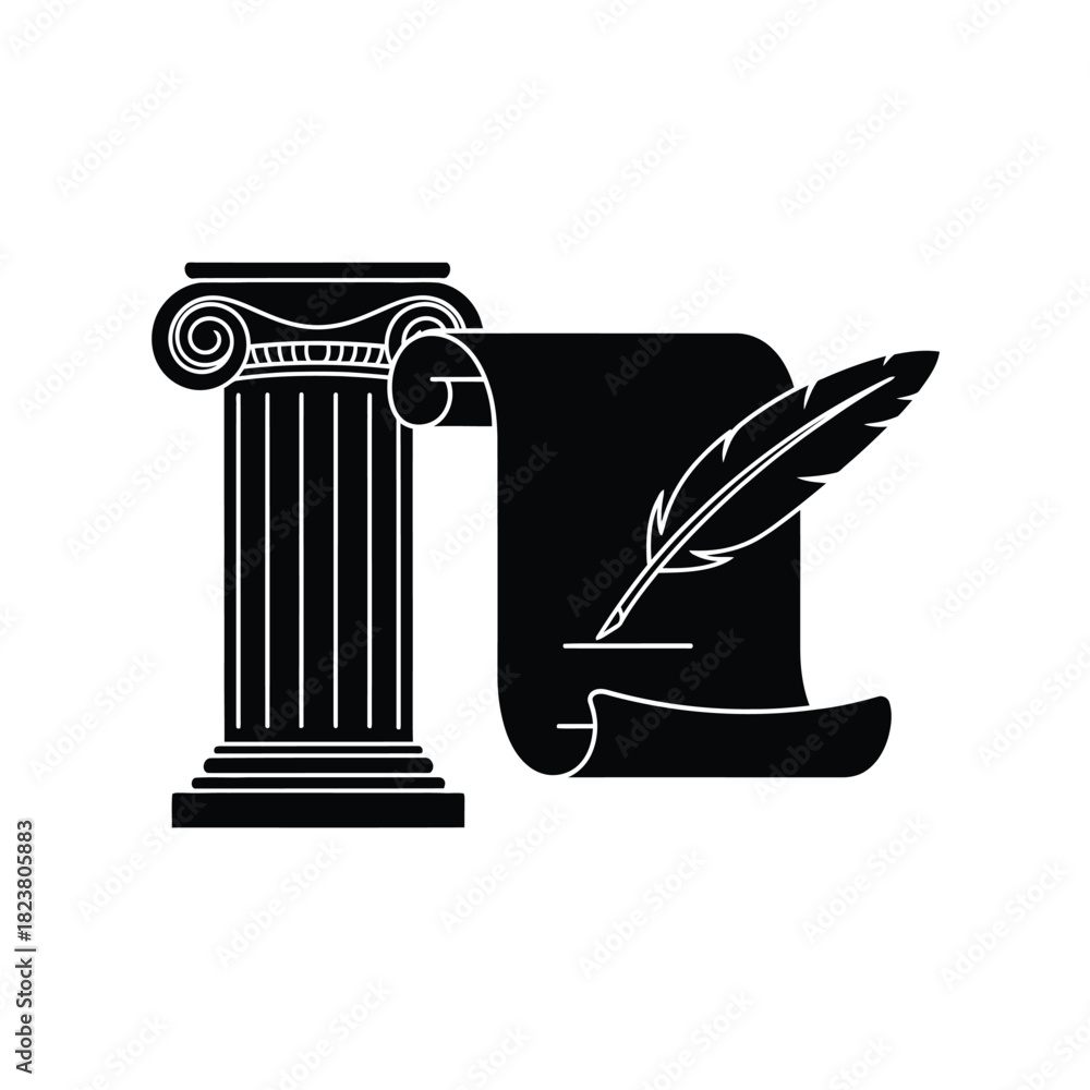 Naklejka premium Ancient roman ionic column stands beside a rolled parchment scroll with a quill pen writing on it, representing law and history.