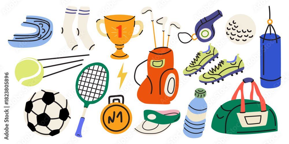 Naklejka premium Cartoon sport elements set in retro doodle style. Training, activity shapes. Sports equipment, soccer ball, tennis racket, punching bag, golf clubs. Flat vector illustration isolated