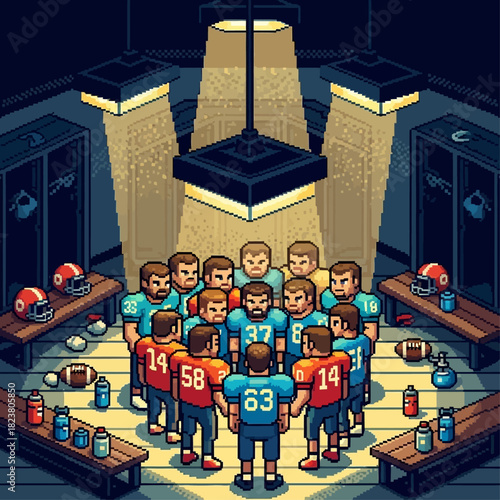Pixelated Football Team Huddle in Locker Room