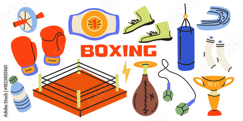 Boxing elements in cartoon doodle style. Sports equipment, boxing gloves, ring, punching bag, skipping rope, winner's cup. Competition strength championship. Sports stickers, labels