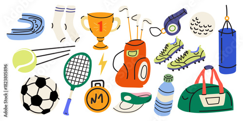 Cartoon sport elements set in retro doodle style. Training, activity shapes. Sports equipment, soccer ball, tennis racket, punching bag, golf clubs. Flat vector illustration isolated