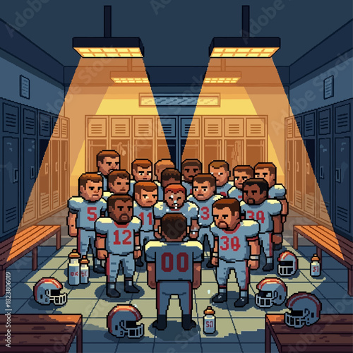 Team huddle in a football locker room for strategy before the game starts, pixel art