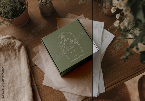 Eco-Friendly Boho Packaging Box Mockup with Tissue Paper Layers