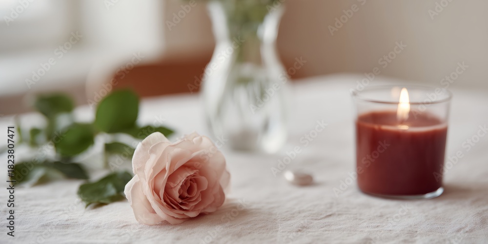 Fototapeta premium Candle is lit on a table next to a rose