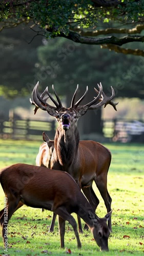 A majestic red deer stag with colossal multi-tined antlers roars in a vibrant, sun-drenched forest clearing; elegant hinds graze. Cinematic dolly zoom video, golden hour light, awe-inspiring wildlife