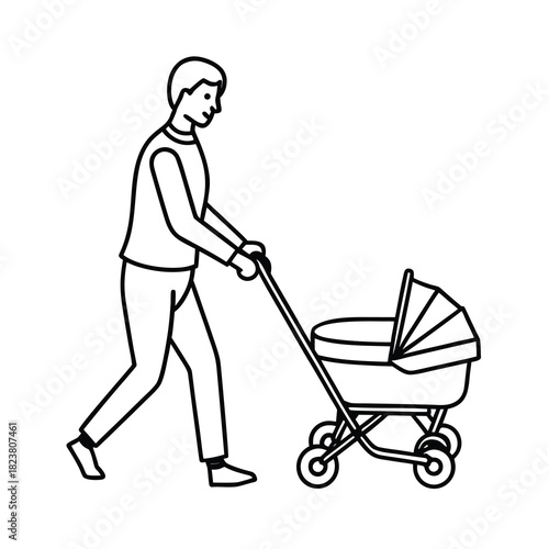 Woman worker pushing a cleaning cart, man and woman with a shopping cart, mother with baby stroller, person with luggage, and businessman with a suitcase are walking silhouettes