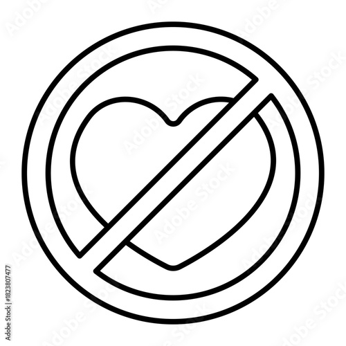 Heart and likeness ban thin line icon, love and infatuation concept. Vector graphics. Forbidden, prohibited item sign on white background, style icon mobile or web design.