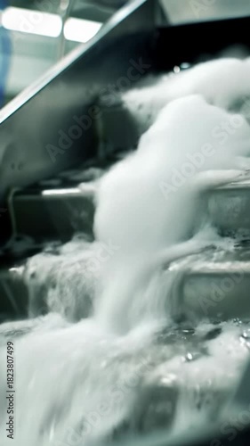 Extreme close-up video of pristine white, dense foam with shimmering bubbles flowing down sterile stainless steel industrial cascade, blurred machinery bokeh. Commercial concept for industrial purity