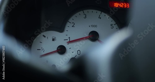 Car Idle Sound Close Up Digital Dashboard With Mechanical Needles Odometer Showing High Mileage Used Vehicle Condition Automotive Engineering Driving Experience Engine Performance Used Car Market