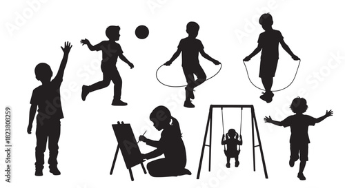 Kids Silhouette Vector Set Child Playing Painting Drawing Swing Jumping Rope Ball Game Childhood Activity Fun Leisure Recreation