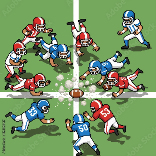Dynamic pixel art illustration of an American football game, capturing the intense action at the line of scrimmage as two teams compete for the ball